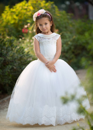 Beaded Ivory Lace Tulle Floor Length Flower Girl Dress